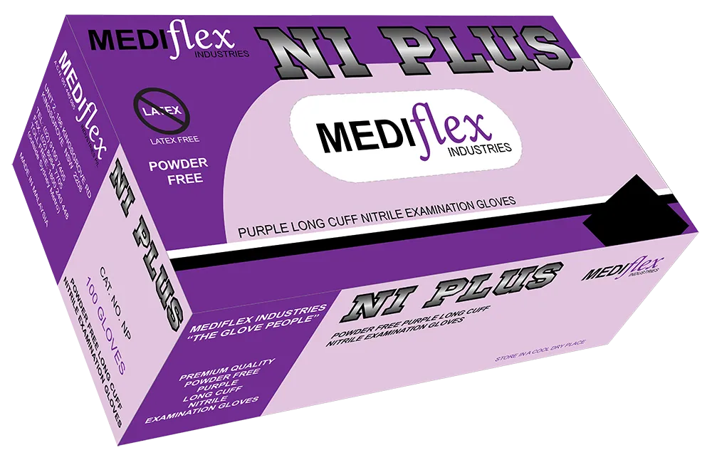 Ni Plus purple nitrile gloves powder free long cuff examination gloves box by Mediflex